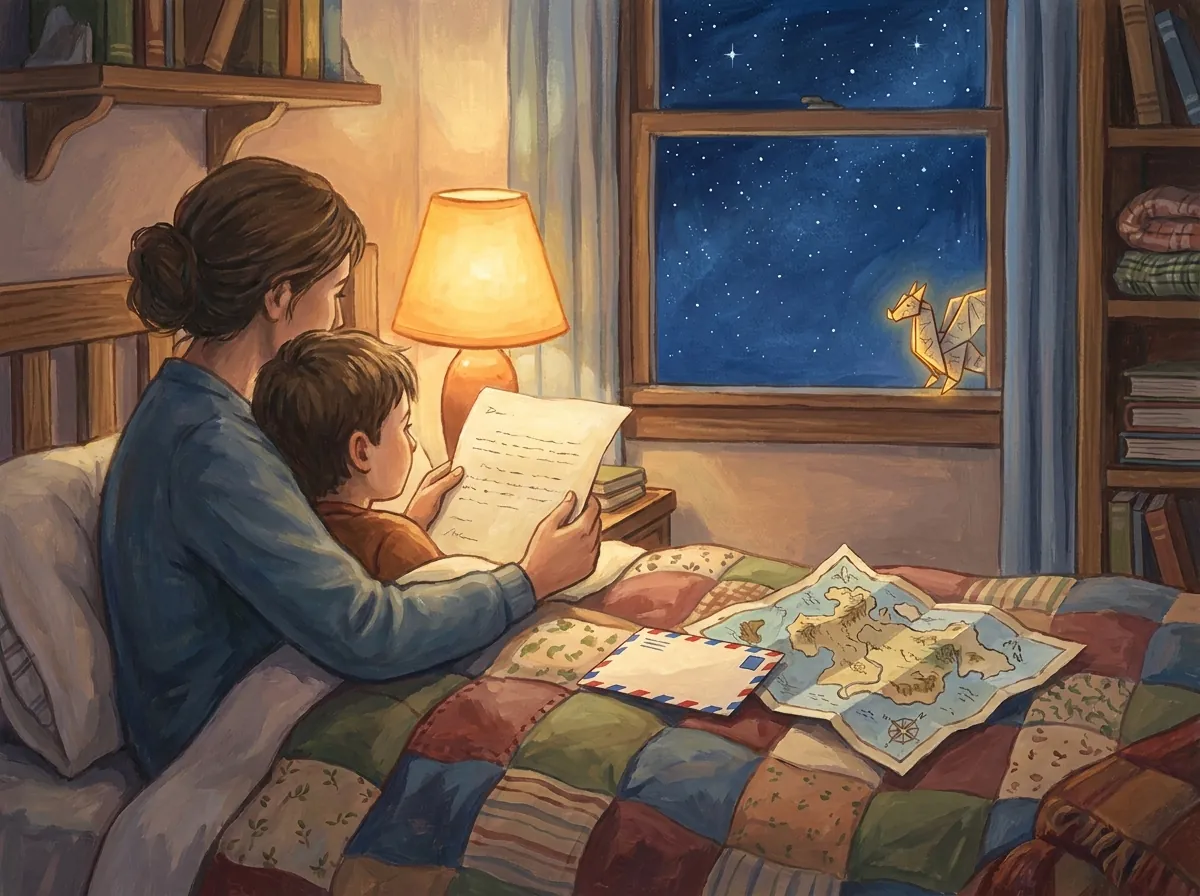 A parent and child read a letter together in bed by lamplight, with a map spread on the quilt