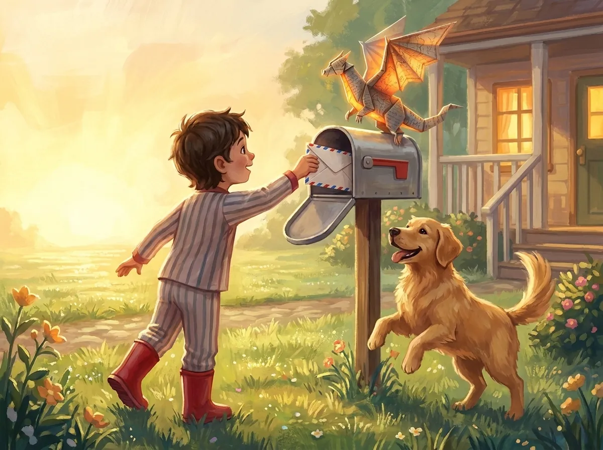 A child in pajamas pulls an airmail letter from the mailbox while the paper dragon watches and a dog jumps beside them